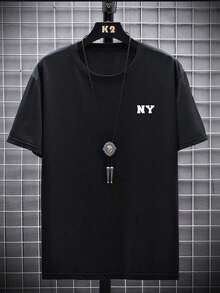 Men's Letter Print Drop Shoulder T-Shirt - Black - View 3