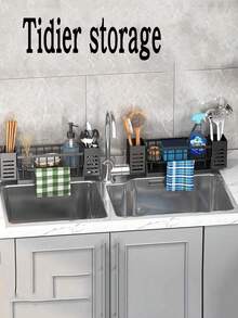 1 soporte para esponja de fregadero de cocina gris/negro, multifuncional, organizador de almacenamiento para cepillos y fregadores.