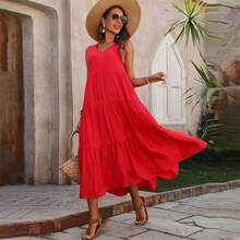 Womens Tiered Tank Dress Summer Sleeveless Solid Color A-Line Dress Long Flowy Dress - Red - View 2