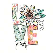 花卉“LOVE Yourself”乙烯基热转印贴纸，混合颜色熨烫贴花，适用于 T 恤、枕头、DIY 服装装饰、工艺品 - 彩色 - 查看 1