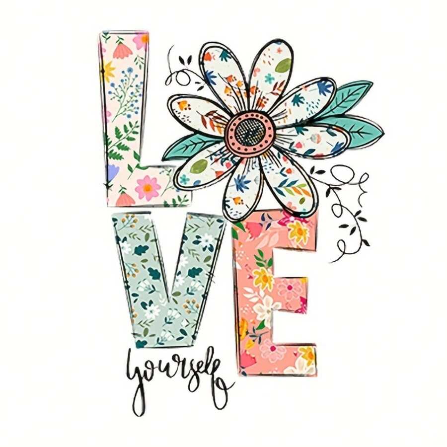 花卉“LOVE Yourself”乙烯基热转印贴纸，混合颜色熨烫贴花，适用于 T 恤、枕头、DIY 服装装饰、工艺品 - 彩色 - 查看 1