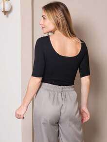 Women's 3/4 Sleeve Blouse With Open Back Simple Casual Elegant Fabric Backless / Backless Evening - Negro - Ver 6