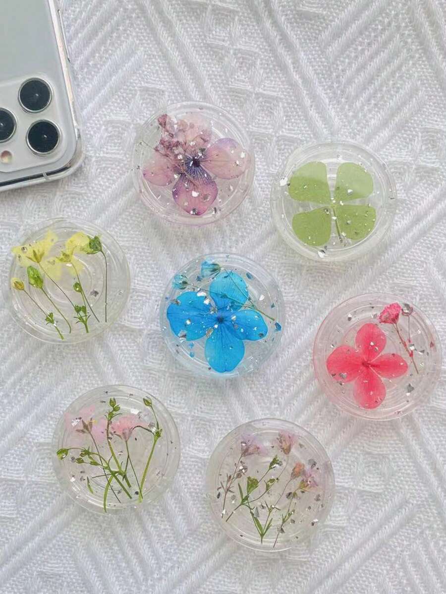 1 件透明干花圆形手机握持支架、可折叠气垫支架、手机滑动支架、桌面支架（手工制作的干花手机支架，干花形状/颜色可能与图片不完全相同）适用于 、Android 手机，生日、家人、朋友的礼物推拉式手机握持支架手机配件