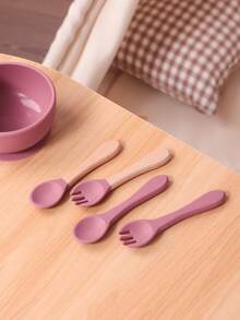 PopLittleOne 4 pezzi Cucchiai e forchette in silicone per bambini, utensili morbidi per bambini con manico in legno, accessori per l'alimentazione del bambino, articoli per bambini, accessori per l'alimentazione del bambino di colore solido