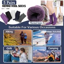 1/5 双装美利奴羊毛内衬保暖徒步袜 - 冬季加厚加厚吸湿中筒靴袜，男女通用 - 户外必备 - 彩色 - 查看 6