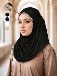 قطعة واحدة غطاء رأس نسائي أحادي اللون، وشاح رأس قابل للطي مريح من البوليستر، وشاح رأس عملي، توبون، خمار طويل فوري، مناسب للارتداء اليومي في جميع الفصول - وشاح رأس مطوي مرصع بأحجار الراين المتلألئة - مشاهدة 15