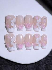 100% Handmade Press On Nails With 3D Hand Carved Floral Nail Decoration Nude And White Color 10pcs Coffin Short Manual Nails French Style False Nail Tips Reusable DIY Nail Beauty For Four Seasons Daily Life - 粉色 - 查看 6