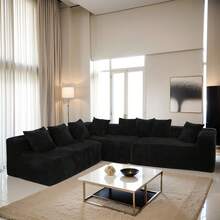 Boneless Couch,Modular U-Shaped Sectional Sofa,130-Inch 4-Seater Chaise Lounge With Reversible Design, Striped Corduroy Fabric In BLACK – Sectional Living Room Or Bedroom Couch, Freely Configurable Layout. - Đen + Polyester + Polyester + 4 chỗ ngồi - Xem 4