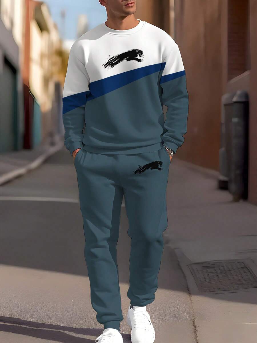 Conjunto de sudadera y pantalones de hombre con estampado de graffiti negro y parches, sudadera minimalista personalizada de cuello redondo, adecuado para correr al aire libre, ejercicio, entretenimiento, cena, versátil sudadera de cuello de tripulación para hombre, ropa de otoño