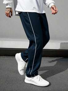 Pantalones de estilo universitario urbano para hombre, otoño  Pantalones holgados y estrechos con cordón y bolsillo de unicolor para hombre, pantalones cargo estrechos para vacaciones largas, regalo para esposo o novio - Azul Marino - Ver 3