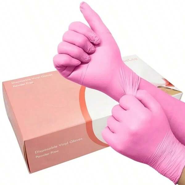 100 piezas Guantes desechables de nitrilo rosa, guantes gruesos y elásticos, sin látex y sin polvo, guantes impermeables adecuados para cocina, baño, limpieza, manicura, pedicura, salón de uñas, tatuajes, mantenimiento y reparación de automóviles y productos de limpieza esenciales para el hogar