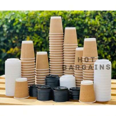 HOT BARGAINS, 100 X 12oz Disposable Coffee Cups With Lids Kraft Triple Walled Ripple Cups 320gsm Heavy Duty For Hot And Cold Drinks