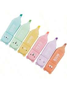 6支装可爱迷你熊造型荧光笔马卡龙色斜头马克笔学校办公文具