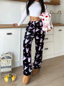 SANRIO Quần pajama vải flannel màu tím, in hình hoạt hình khắp quần, ống rộng, dáng suông, có dây rút, ấm áp, phong cách thường ngày dành cho bé gái, ngọt ngào và cá tính, phù hợp mặc trong nhà và ngoài trời, mùa thu/đông. - màu đen - Xem 3