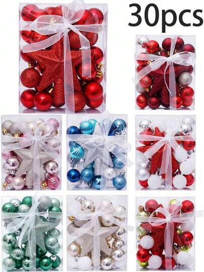 30pcs/Box Christmas Ball Tree Topper Star Gift Set - Colorful Shatterproof Plastic Ornament Balls For Christmas Tree Decoration, Holiday Party And Wedding Decor, Christmas, Birthday Gifts
