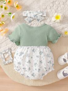 Baby Girl Ditsy Floral Ruffle Collar One-Piece Bodysuit With Headband, Lightweight Summer - Green - View 2