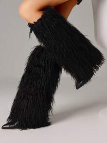 Y2k Style Women's Chic Pointed Toe Knee High Boots Fluffy Fur Chunky Heel Nightclub Party Club Shoes - 黑色 - 查看 2