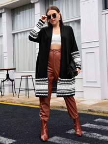 Women's Long Sleeve Open Front Casual Wavy Striped Contrast Color Knit Cardigan