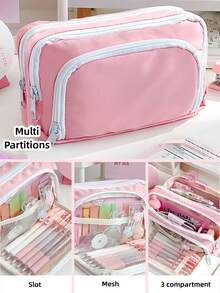 1pc Beige Pencil Case, Large Capacity 3-Compartment Storage Bag, Suitable For Office, School And Students - Multicolor - View 7