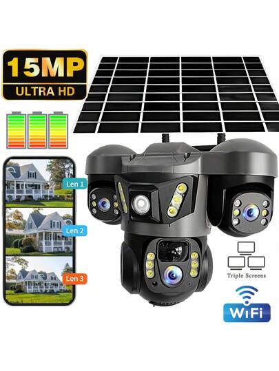 SWVW 15MP WiFi Solar IP Camera CCTV Triple Lens Screen PTZ Auto Tracking Curious Security Surveillance V380 Pro Camera, Outdoor Indoor Home Cameras, Wireless Ring ,None Cameras,CCTV Cameras,Pet ,Smart Automatic Tracking, Alarm Night Vision