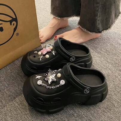 女士镂空星星和珍珠装饰一脚蹬凉鞋，夏季海滩、度假、办公室穿着舒适