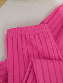 2 件女童睡衣套装，秋冬，时尚休闲优雅蝴蝶结领 V 领长袖上衣和淡紫色长裤 - 玫紅色 - 查看 8