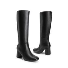 Women's Gogo Boots Square Toe Side Zipper Chunky Heel Solid Color Fashionable Simple Knee High Boots For Women - 黑色 - 查看 10