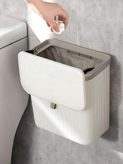 1pc 8L/12L New Minimalist Luxury Wall-Mounted Kitchen Trash Can, Kitchen Garbage Storage Bin, Bathroom Hanging Toilet Paper Holder, Bathroom Wall-Mounted Trash Can With Lid, Large Hanging Kitchen Garbage Can For Office