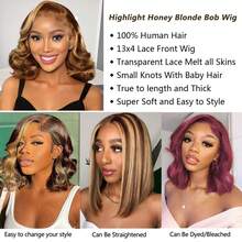 ownvmor 4/27 Highlight Bob Wigs Human Hair 13x4 Honey Blonde Lace Front Wig Ombre Body Wave Short Human Hair Wig 200% Density Pixie Cut Wig Human Hair 14 Inch - 4/27 - 查看 3
