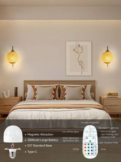 Battery Powered Wand Lamp Set, Goud Wireless Charging Verlichting 2000mAh Dimmable Detachable Bulb Remote Control, 15 Bedroom, Living Room, Corridor view 7