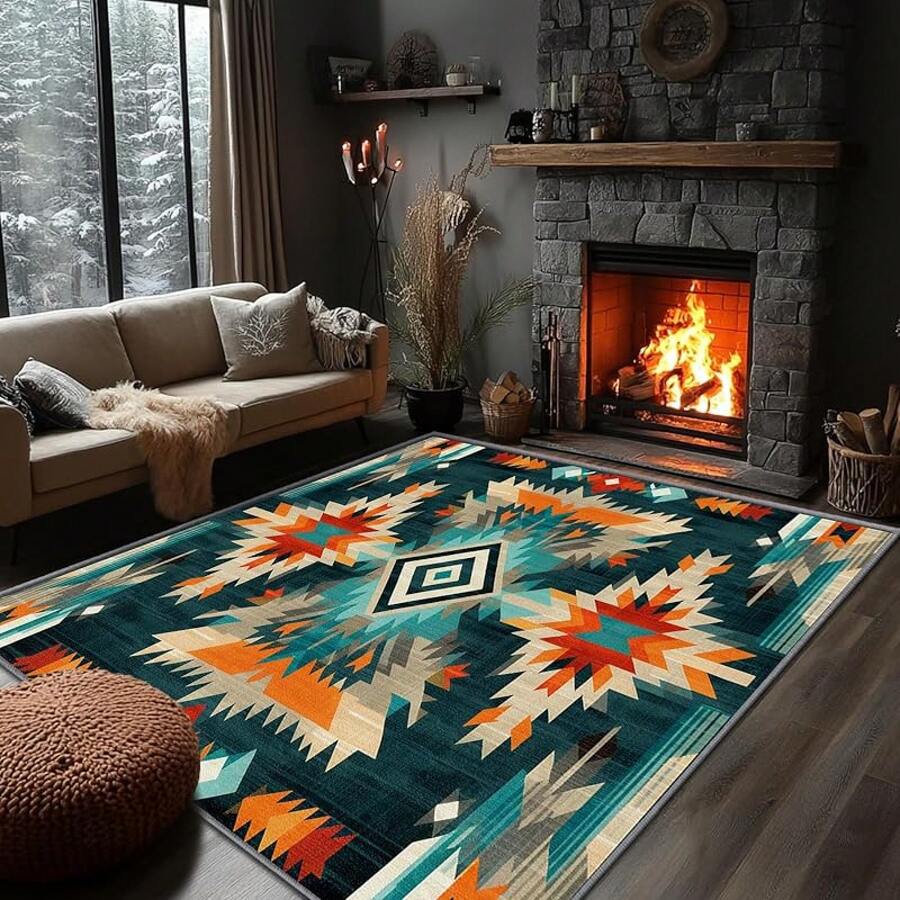 3x5 Rugs, 2x3 Rug, Southwestern Rustic Area Rug, Colorful Geometric Door, Washable & Non - Slip Small Carpet, Home Decor - Xanh ngọc lam cam - Xem 1