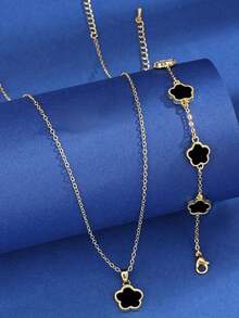 1 套时尚精致的幸运四叶草首饰套装，项链、手链和吊坠，不锈钢，送给女孩和朋友的理想礼物，适合任何场合，情人节、圣诞节 - 花朵手鍊和吊墜項鍊套裝 - 查看 6