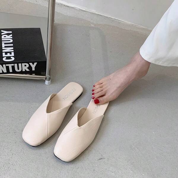 Women's Beige Mule Shoes, Elegant Square Toe Design, Fashionable Comfortable Flat Sandals, Closed-Toe Dress Shoes, Slip-On Slippers, Suitable For Indoor And Outdoor, All Season Shoes, Soft And Comfortable Synthetic Leather Upper, Rubber Non-Slip Outsole, Wholesale And Retail
