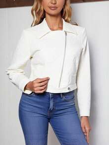 Chamarra biker dama mujer tejido bordado ligero zipper broche metálico solapa manga larga puño salida día noche fiesta evento festival vacaciones cómoda femenina casual primavera verano - Blanco - Ver 1