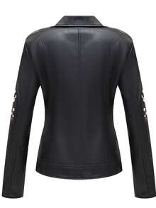 Giolshon 大码女式 PU 皮夹克，黑色机车风秋冬皮衣，赠送刺绣和腰带 - 黑色 - 查看 4