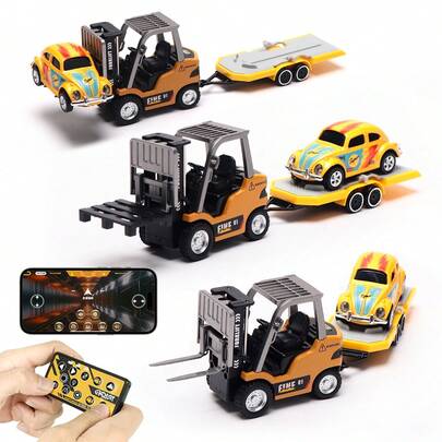 1:64迷你遥控叉车，二合一可变形叉车和吊钩，带拖车和复古甲壳虫模型车，可调速档位，智能手机遥控，LED灯，小型遥控车，2.4GHz遥控合金叉车，逼真汽车模型，万圣节和圣诞节生日礼物，适合儿童、男孩和女孩