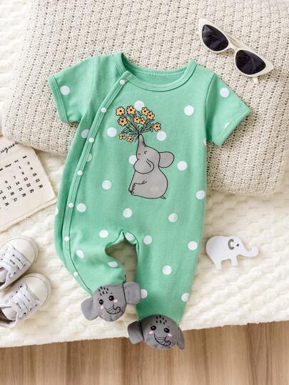 Baby Mädchen Mode Jumpsuit mit Punktemuster, floralem Grafik-Design, 3D Ohren- und Fuß-Grafik, Rundhalskragen, Kurzarm