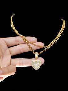 Bộ 2 món - 1 mặt dây chuyền hình trái tim Cubic Zirconia & 2 dây chuyền thép không gỉ, dây chuyền mặt dây chuyền phong cách Hip Hop dành cho nữ, dây chuyền mặt dây chuyền thời trang cổ điển, thích hợp đeo hàng ngày hoặc dự tiệc, quà tặng ngày lễ tình nhân - Vàng - Xem 2