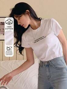 2026 Women's ClothesDAZY Women's Round Neck Printed T-Shirt With Slogan HAPPINESS IS THE BEST MAKE UP SummerLoose And Comfortablesummer Shirts - 黑色 - 查看 7