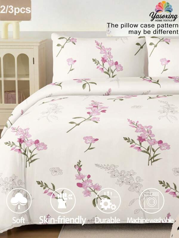 2/3 pièces/Set Ensemble de housse de couette motif floral et feuilles roses. Microfibre douce et facile d'entretien. Ensemble de literie doux, respirant et sans froissage pour un meilleur sommeil. Style hôtel de luxe. Cadeau pour maman, papa, ami. Housse de couette*1 Taie d'oreiller*1/2 Taille King, Queen, Full, Twin pour dortoir et rentrée scolaire
