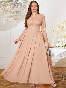 Plus V-Neck Floral Lace Contrast Chiffon Rhinestone Ribbon Waist Formal Party Long Dress, Valentine's Day Dress, Wedding Guest Dress, For Prom, Festivals, Graduation, Dinner - Champagne - View 5