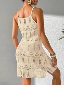 女士夏季波西米亚风沙滩度假连衣裙，撞色镂空针织吊带裙 - 杏色 - 查看 4