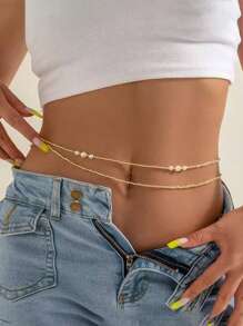 2 piezas Cadena doble de perlas para la cintura de bikini para fiesta nocturna sexy - Cadena de bikini sencilla para el vientre - Accesorios de joyas de cadena para el Body de verano para mujeres y niñas