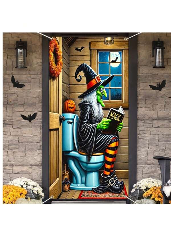 2D Banner 1st Enge Groene Heks Lezen Toilet Halloween Deurdecoratie, Binnen/Buiten Feestdecoratie, Geschikt voor Entree en Tuin