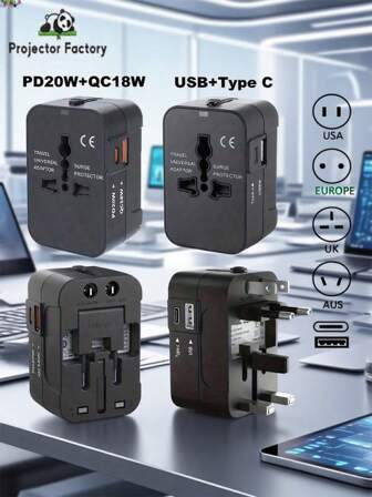 LIPETY Travel Adapter With USB C, Worldwide All In One Universal Travel Adaptor AC Power Plug Adapter Wall Charger With USB-C And USB-A Charging Ports For USA EU UK AUS Black