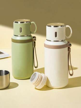 1 件不锈钢保温水瓶咖啡壶带绳，便携式户外水壶，多功能咖啡杯盖，茶水分离保温杯大容量 316 不锈钢水杯，男女带杯盖饮水杯，适用于露营、骑行、办公室和家庭 - 四季饮品，完美的生日礼物