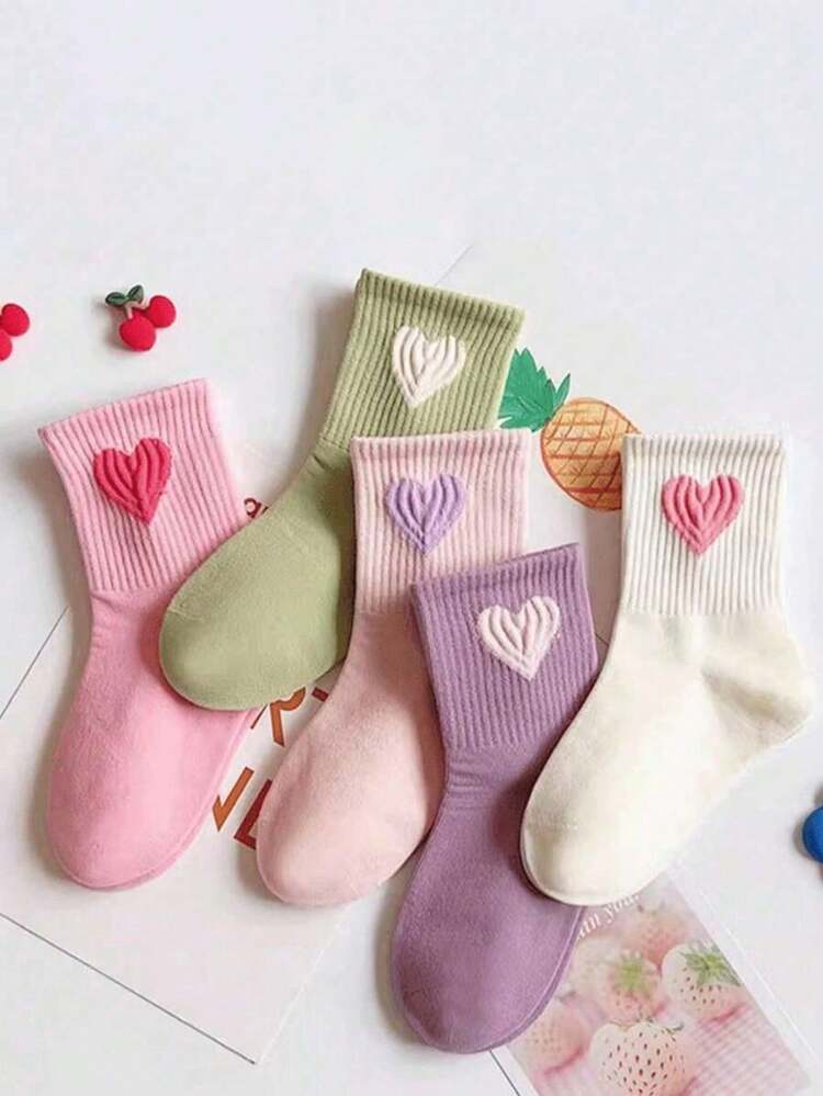 5 Pairs/10 Pairs Spring & Summer Heart Pattern Mid-Calf Socks, Thin Breathable Sports Socks, Soft Pastel Colors, Comfortable Casual Wear - Multicolor - View 8