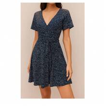 vestido estampado florar verano dulce cordon cintura  Liso  Floral  Casual  Estampado Imitación Vaquero  Envolvente  Cinturón  Nudo    vestido corto - Negro - Ver 1