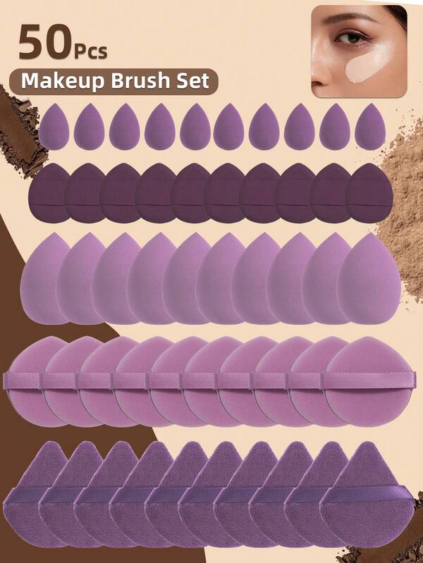 50-Piece Makeup Tool Set Includes: 10 Beauty Sponges For Liquid Cosmetics + 10 Mini Beauty Sponges For Liquid Cosmetics + 10 Triangular Powder Puffs For Loose Powder And Setting + 10 Cushion Puffs For Facial Makeup + 10 Mini Cushion Puffs For Facial Concealing