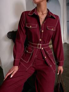 Sollinarry Women's Autumn New Seam Pocket Decor Long Sleeve Top And Pants Casual 2 Pieces Set, Vintage Style, Suitable For Teachers - Reddish Brown - View 2